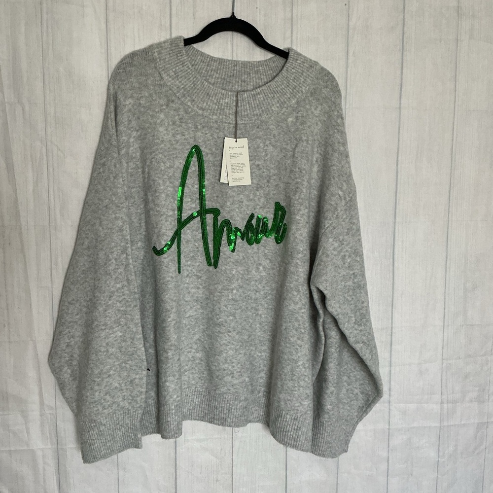 a new day Heather Gray Sweater with Green Sequin Detail